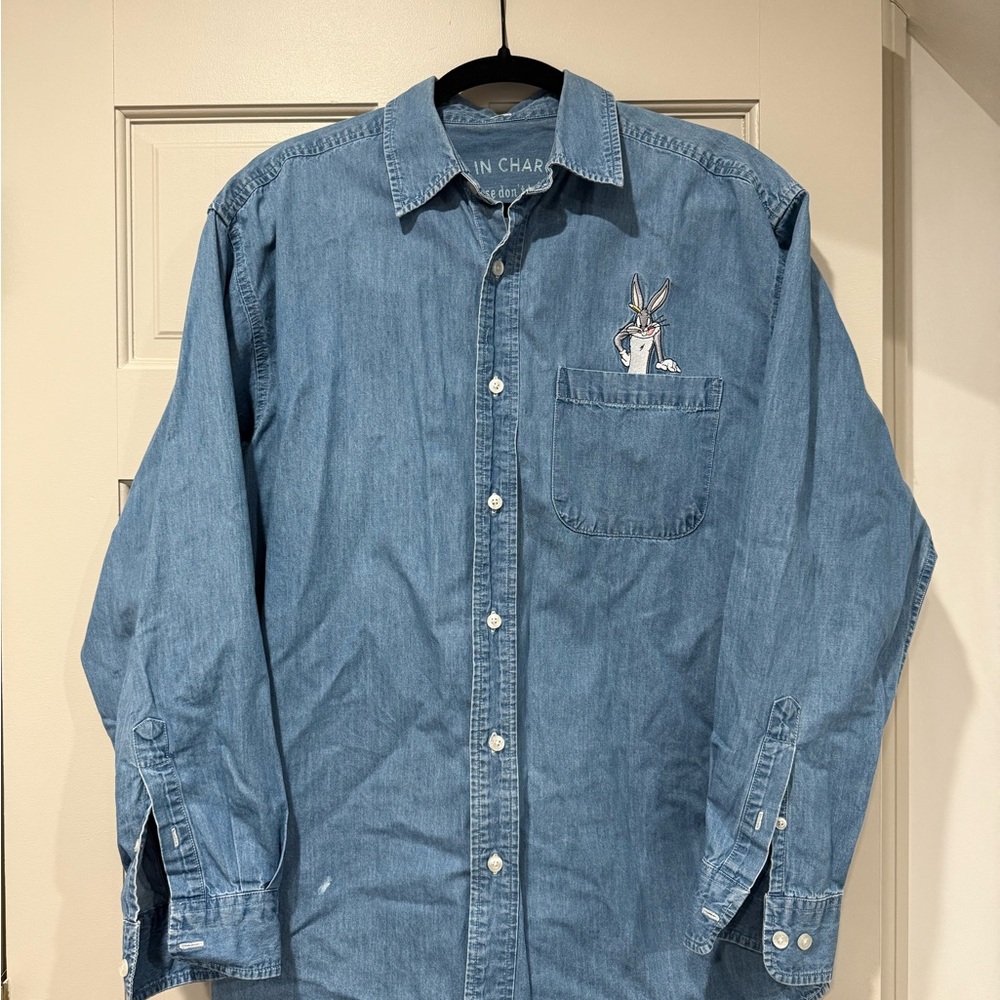 Casual Blue Denim Shirt with Embroidered Bugs Bunny